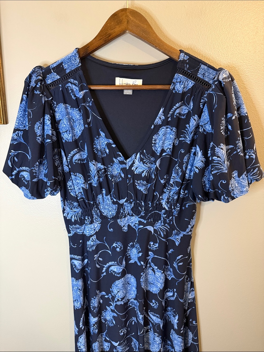 Harper Rose Blue Floral Midi Dress Size 4 Smocked Waist Puff Sleeve - Picture 9 of 9